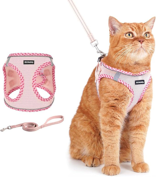 Rttochfy Cat Harness and Leash Set, Escape Proof Kitten Harness, Soft and Breathable Vest with Reflective Strip, Easy to Wear for Cats Walking and Traveling (Pink, S)
