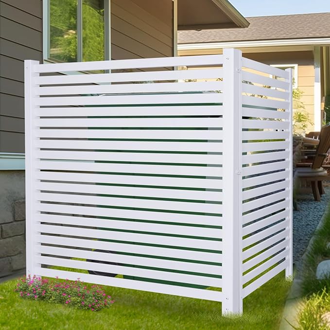 48" W X 48" H Air Conditioner Fence Trash Can Fence 48" W X 48" H Pool Equipment Enclosure Vinyl Privacy Fence Outdoor No Dig Privacy Fence 2 Panels with Metal Stake, White