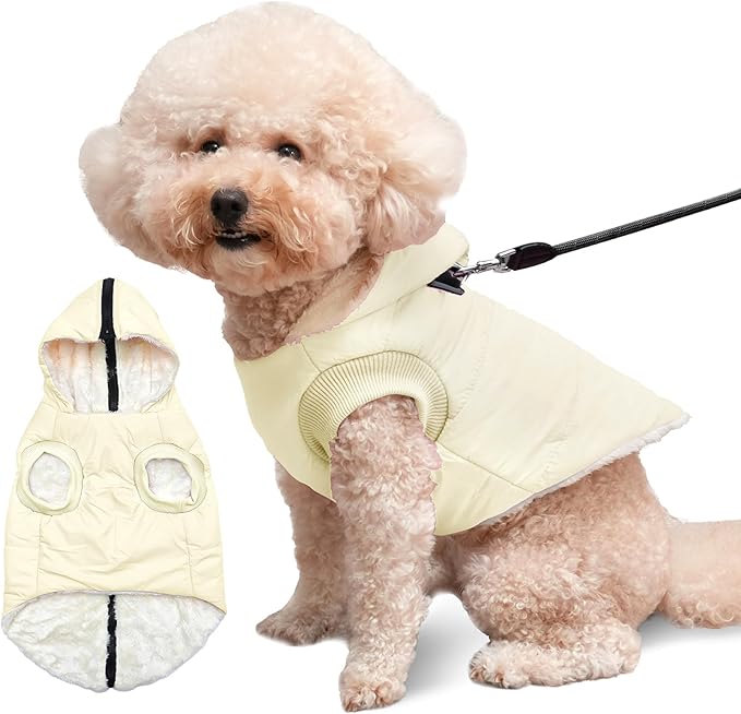 Vecomfy Fleece Lining Dog Hoodie with Harness Built in,Extra Warm Small Dog Jacket in Winter Puppy Coats with Hooded,Light Yellow M