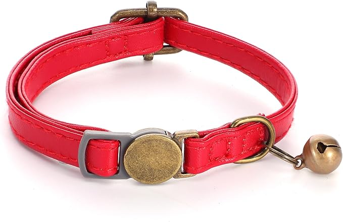 salbsever Red Cat Collar, Breakaway Leather Cat Collar Adjustable Red Kitten Collars with Bell Quick Release Buckle for Most Cats and Kittens