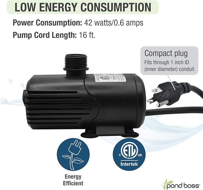 pond boss 500 GPH Submersible and In-Line Water Pump for Hydroponics, Aquaponics, Fountains, and Freshwater Aquariums – Adjustable Flow, Quiet Operation, Includes Tubing Adapters
