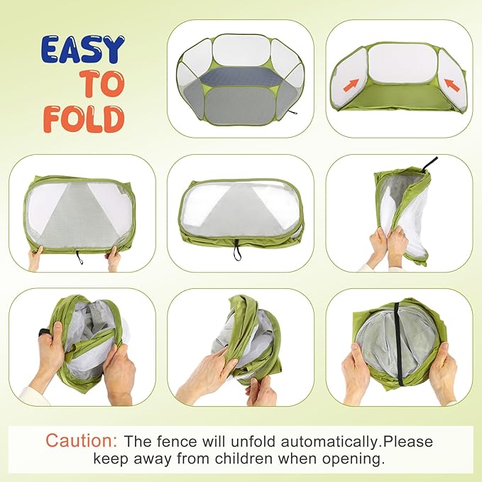 Pawaboo Small Animals Playpen with Pad, Waterproof Small Pet Cage Tent with Reusable Pad, Portable Outdoor Yard Fence for Chick/Kitten/Puppy/Guinea Pig/Rabbits/Chinchillas, Green + Grey