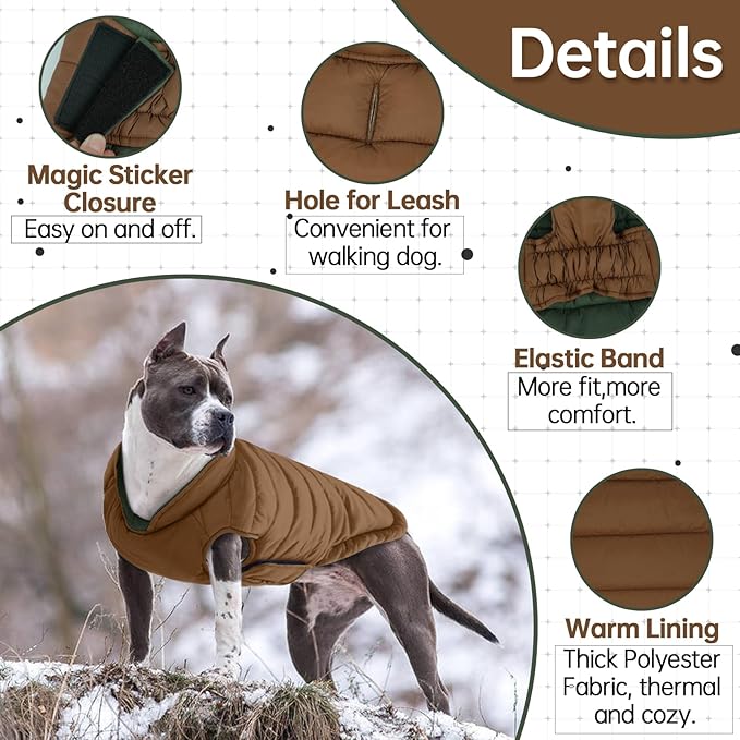 Lelepet Reversible Dog Coat Waterproof Dog Jacket Windproof Puffer Vest for Winter Warm Lightweight Coats for Small Dogs Adjustbale Hook & Loop Pet Apparel with Leash Hole, Pug, Brown, M