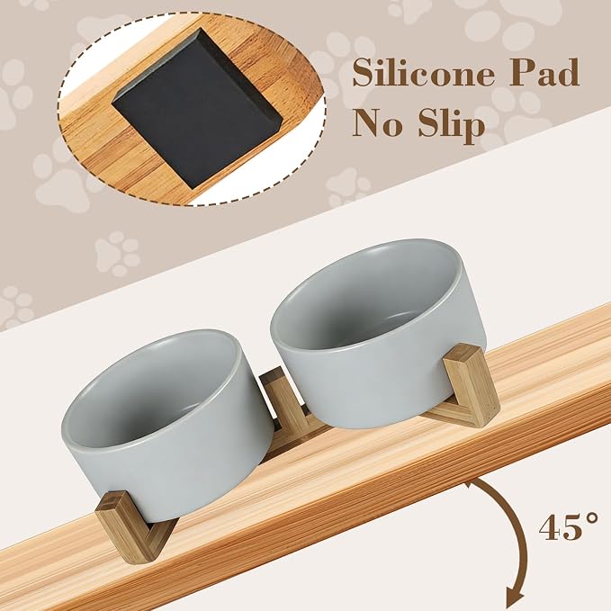 Ceramic Dog and Cat Bowl Set with Wooden Stand Matte Glaze Elevated Food Water Set Anti-Tip Non-Slip Weighted for Cats Small Breed Dogs-Grey-13.3OZ