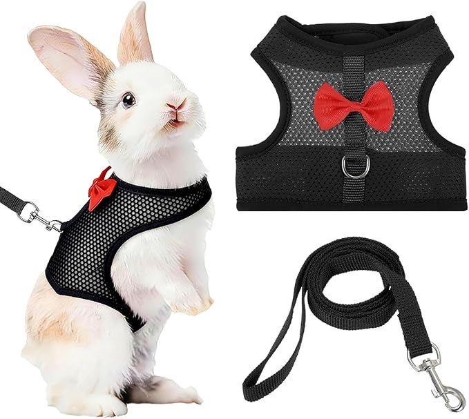 Rabbit Harness and Leash, Small Pet Cute Vest Harness Leash Soft Adjustable Buckle Breathable Mesh (L, Black) for Bunny Kitten Small Pig Puppies Camping Hiking Training