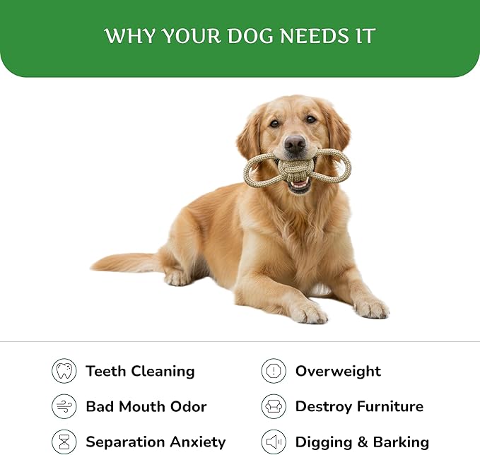 Natural Hemp Dog Rope Toy, Durable Chew and Tug Toy for Medium and Large Dogs, Biodegradable Dental Cleaning Pet Toy (Double Loop Ball)