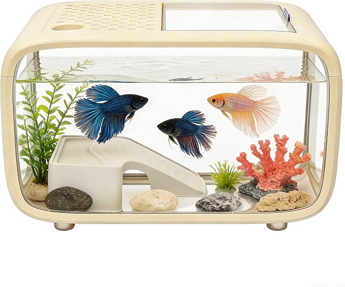 Desktop Fish Tank Aquarium, 3.17 Gal Modern Cream White Rectangular Fish Bowl with Built-in Climbing Frame, Top Feeding Hole & High Clarity View for Betta Fish, Shrimp, Small Pets, Home or Office Desk