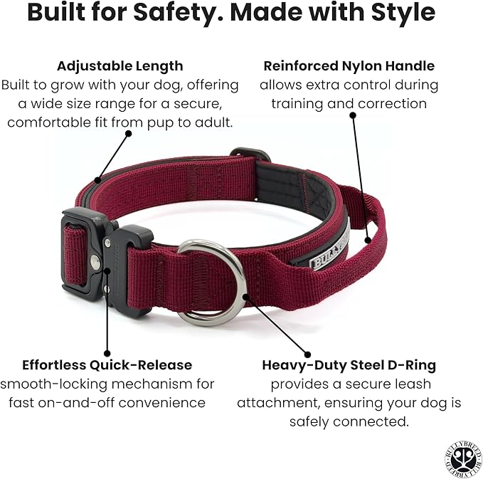Tactical Dog Collar for Puppy, Heavy Duty Puppy Collar, Dog Collar for Small Dogs, Waterproof Dog Collar, Dog Training Collar, Quick-Release Buckle, Adjustable Sizes – BULLYBREED (Maroon Red, Small)