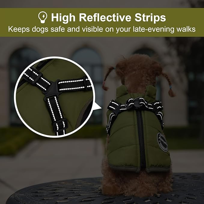 Warm Dog Winter Coat, Dog Cold Weather Jacket with Built-in Harness, Reflective & Adjustable Comfortable Pet Vest, Windproof Apparel for Small Medium Large Dogs (Green)