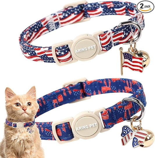 ARING PET 2 Pack American Flag Cat Collar-Cute 4th of July Independence Day Kitty Collars with Bell & Pendant, Adjustable Patriotic Kitten Collars with Safety Buckle