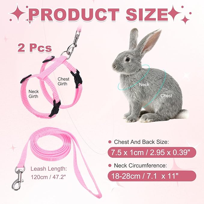 Rabbit Harness and Leash, Escape Proof Bunny Cat Leash Small Animal Harness Soft Adjustable Buckle(2Pcs, Pink) for Bunny Kitten Cats Puppies Walking Hiking Training