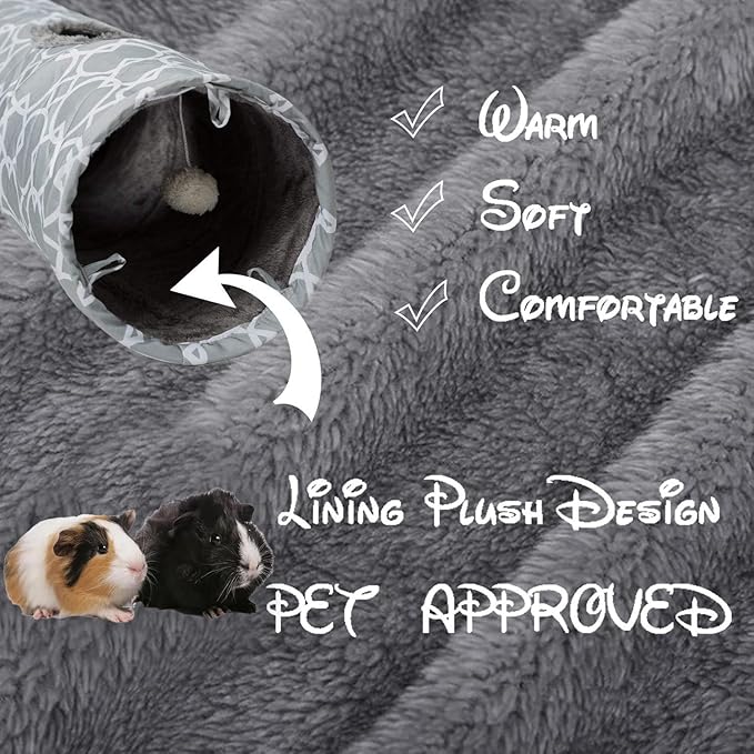 LUCKITTY Plush Inside 3-Way Shape Small Animals Tube Tunnel with Interactive Ball for Guinea Pig, Hamster, Chinchilla, Hedgehog Hiding and Resting, Geometric Grey