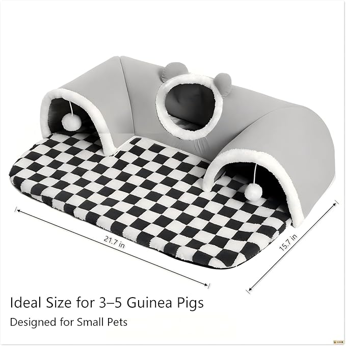 Large Guinea Pig Hideout Tunnel with Removable Warm Bed, 3-Cave Small Animal Hideaway Play Tunnel, Cozy Cage Accessories for Hamsters, Chinchillas, Rats
