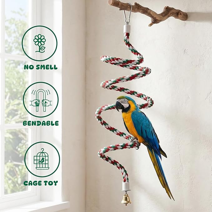 2 Pack Bird Ropes Straight & Spiral Flexible Cotton Rope with Bell Bird Cage Toys for Parakeets Cockatiels Budgies Lovebirds Conures