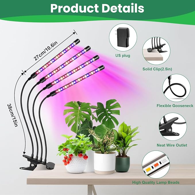 Grow Light, 4 Head Full Spectrum Plant Light with Clip, 2Pack | 6000K Plant Light, Timer 6/12/16Hrs, 3 Spectrums, 5 Dimmable Levels, Flexible Gooseneck