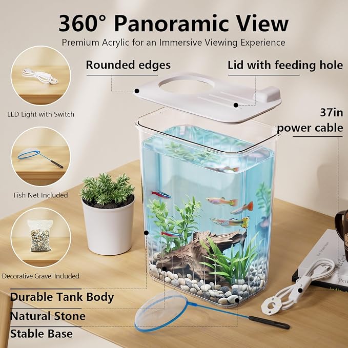 1 Gallon Betta Fish Tank Aquarium Starter Kit with Light and Lid(White) | Premium Acrylic Aquarium with Light and Lid, Crystal Clear Starter Kit for Betta Fish, Shrimp, Snails and Small Fish