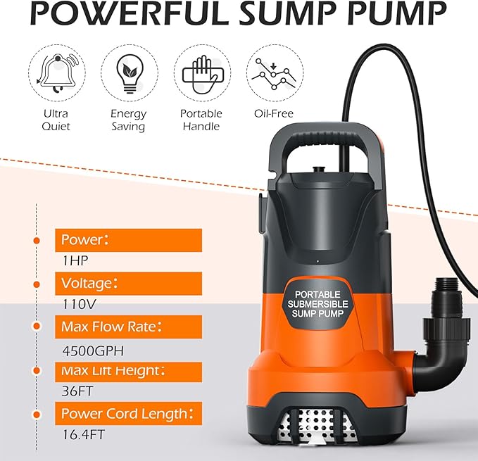 Sump Pump 1HP Clean/Dirty Submersible Water Draining Pump 4500GPH Electric Portable Water Transfer Pumps for Pool Basement Garden Spa Hot Tubs Pond Flood Yard, Orange