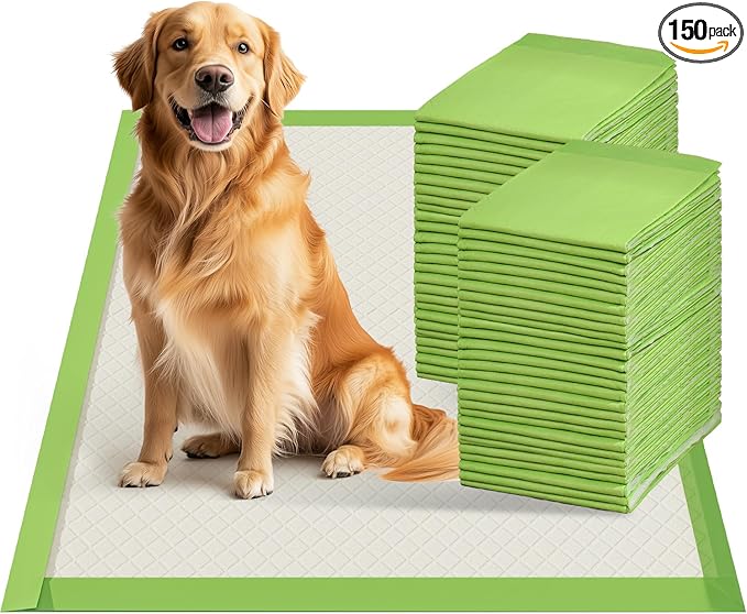 Gardner Pet Dog Pee Pads Extra Large 28"x34", XL Thicker ECO Green Disposable Puppy Training Pads Super Absorbent Full Edge-Wrapping Pad for Dogs, Puppies, Cats, Rabbits (150 Count)
