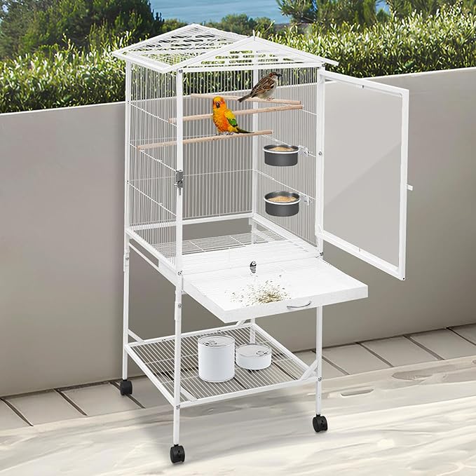 49" H Large Bird Cage with Wheels, Iron Bird Cage with Pull-Out Tray Rolling Stand Clear Acrylic Door Bird Flight Cage with Stand Bars and Feeding Bowls for Small and Medium-Sized Parrots
