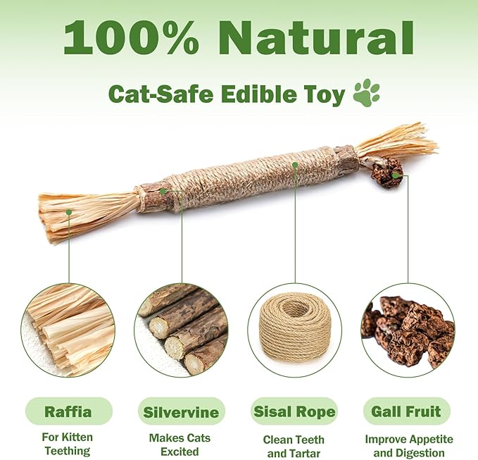 [8 Pack] Silvervine Sticks for Cats, Natural Chew Stick for Dental Care Teeth Cleaning, Cat nip Chew Rope Toys for Bored Indoor Kittens, Catmint Silvervine Blend Toys