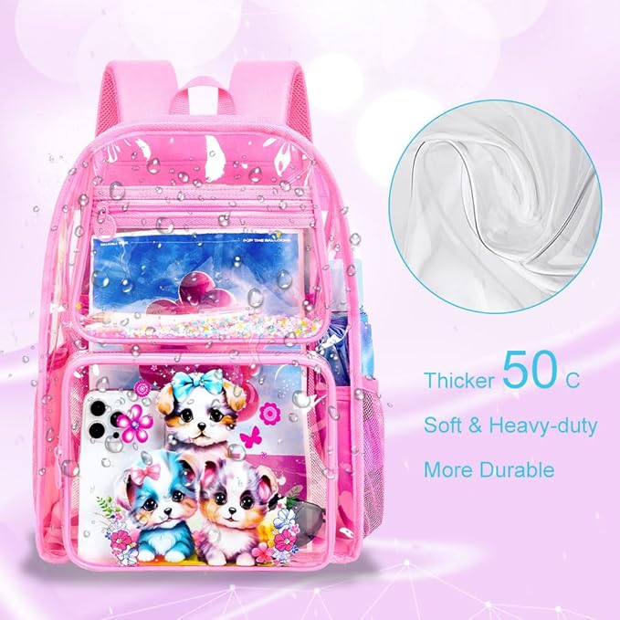 AGSDON 3PCS Clear Backpack for Girls, See Through Backpacks for Kids with Lunch Box, Heavy Duty Transparent Bookbag - Dog