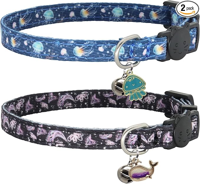 Cat Collar Breakaway, 2 Pack Cotton Kitten Collars with Bells and Removable Charms, Cute Ocean Shaped for Indoor Boy, Girl and Adult Cats
