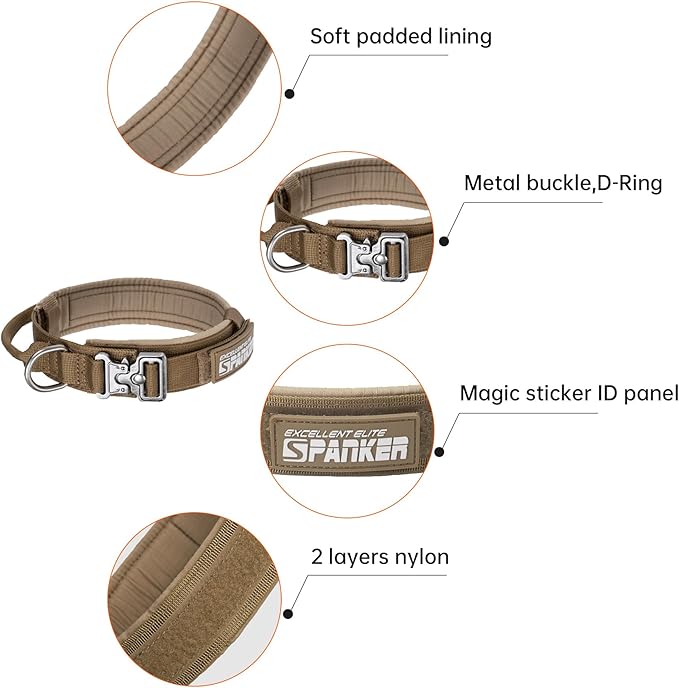 EXCELLENT ELITE SPANKER Tactical Dog Collar Nylon Adjustable Training Collar Military Dog Collar Heavy Duty Metal Buckle with Control Handle for Medium and Large Dogs with Patches(COB-M)