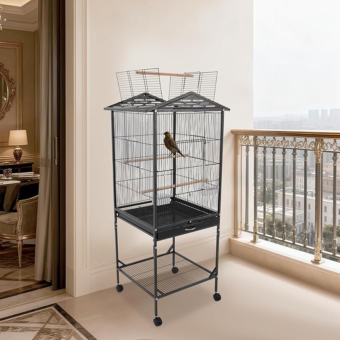 53.5 Inch Iron Bird Cage, Large Parakeet Cages with Play Open Top and Rolling Stand, Bird House with Detachable Stand and Pull-Out Tray for Cockatiels, Parrots, Lovebirds, Canaries (Black, Style A)