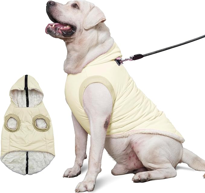Vecomfy Fleece Lining Dog Hoodie with Harness Built in,Extra Warm Large Dog Jacket in Winter Doggie Coats with Hooded,Light Yellow XXL