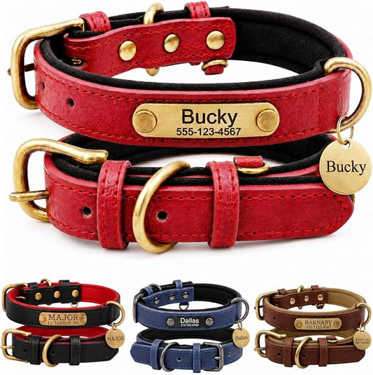 Leather Dog Collar Personalised and Leash Set, Personalized with Soft Padded Design Heavy Duty Featuring Custom Engraved Name Plate for Small Medium and Large Dogs