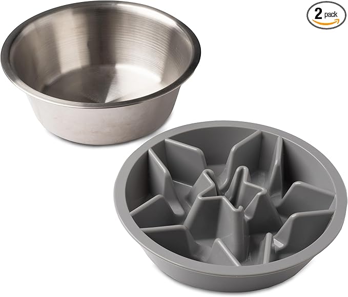 Leash Boss 2-Pack Slow Feeder Dog Bowls (2 Cup) Puzzle Dog Food Bowl with Stainless Steel Bowl - Fits into Elevated Pet Feeders - Slow Eating for Large, Medium & Small Sized Breeds, White