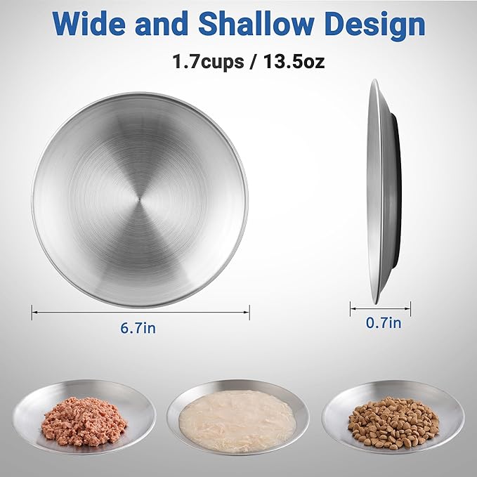 Cat food bowl, anti whisker fatigue stainless steel cat tray for indoor and outdoor cats, shallow wide cat tray for food and water, anti slip silicone bottom