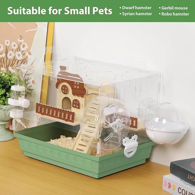 Acrylic Hamster Cage 2-Tier Dwarf Hamster Cage Small Hamster Habitats with Accessories Kit, Clear Hamster Enclosure for Gerbils Syrian Hamster, Green Pet Mice House, 13.3" L x 10.2" W x 12.4" H