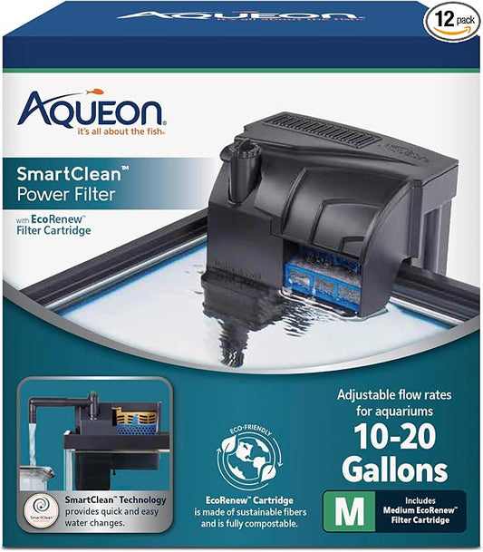 Aqueon SmartClean Power Filter with EcoRenew Filter Cartridge, Quick and Easy Water Changes, Quiet Operation, Adjustable Flow, for 10-20 Gallon Freshwater and Saltwater Aquariums, Medium (Pack of 12)
