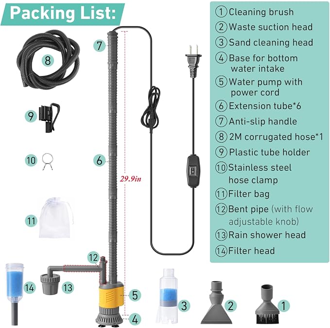 Aquarium Vacuum Gravel Cleaner, 8 in 1 Removable 20W Fish Tank Cleaner | Gravel Vacuum for Aquarium, Strong Suction for Change Water Wash Sand Clean Algae Water Circulation and Adjustable Length