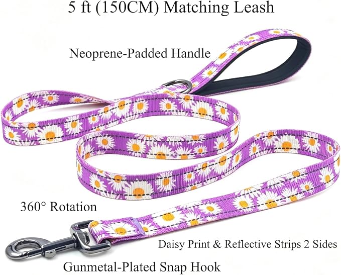Dog Collar Leash Set, Floral Pattern, with Safety Reflective Strips, 5 ft Matching Leash, Neoprene Padded Handle, Adjustable 4 Sizes for Small Medium Large Dogs.(L, Purple Daisy)