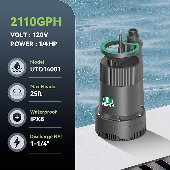 PUMPMAN 1/4HP Portable Water Pump, 2110GPH Submersible Utility Pump with 3/4” Garden Hose Check Valve Adapter Electric Sump Pump, 120V, Removal for Pool Draining Basement Hot Tubs Garden