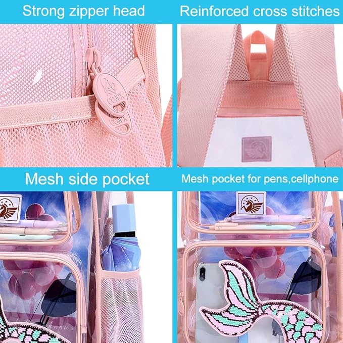 AGSDON 3PCS Clear Backpack for Girls, Kids Mermaid Transparent Backpack with Heavy Duty PVC, See Through Backpacks with Lunch Bag-Pink