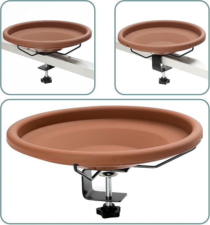 Hanizi Bird Bath Deck Mounted Bowl 12 Inches, Balcony Railing Birdbaths Unheated, Bird Bath Fence Clamp Detachable