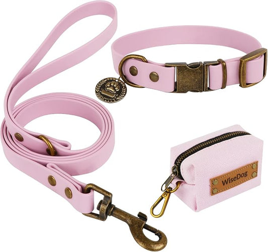 Wisedog Waterproof Dog Collar and Leash Set, M, Pale Pinkish Purple | Adjustable Puppy Collar, Cute Tag, 5FT Leash, Includes Poop Bag, For Small Medium Large Dogs