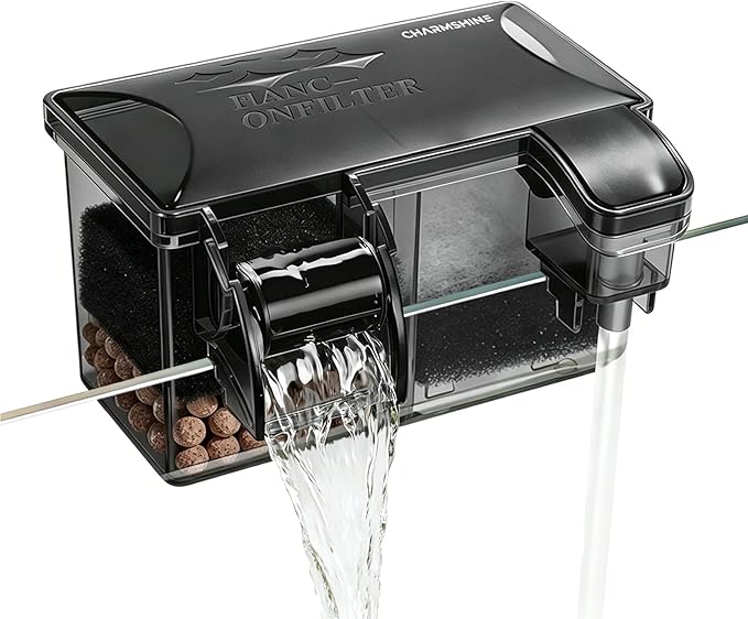 Hang-on-Back Aquarium Filter Box with Reusable Filter Media, Waterfall Oxygenation, Fits High & Low Water Level, for 1-5 Gallon Fish & Turtle Tank (Pump Not Included)