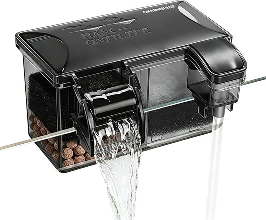 Hang-on-Back Aquarium Filter Box with Reusable Filter Media, Waterfall Oxygenation, Fits High & Low Water Level, for 1-5 Gallon Fish & Turtle Tank (Pump Not Included)