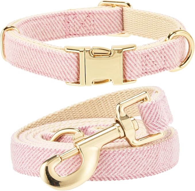 Luxury Soft Cotton Tweed Fabric Dog Collar & Leash Set with Gold Buckle – Durable Fabric, Stylish Design for Everyday Walks(Large Pink)