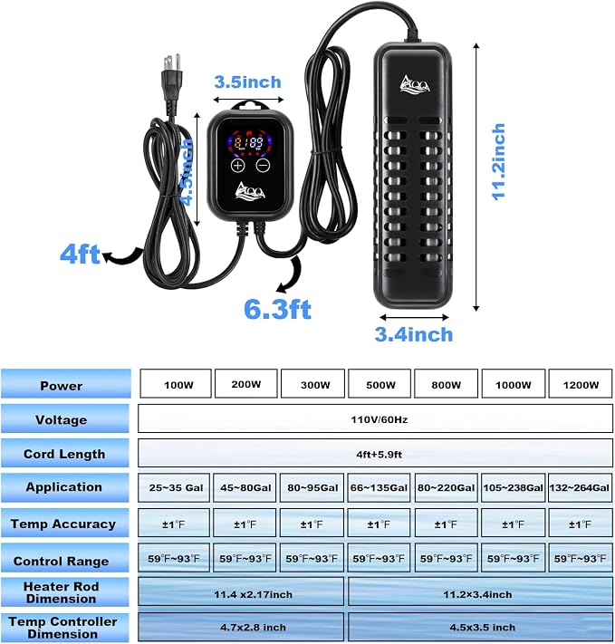 AQQA Submersible Aquarium Heater,100W/200W/300W/500W/800W/1000W/1200W | Fish Tank Heater,External Temperature Controller LED Temperature Display,Suitable for Saltwater and Freshwater(1000W)