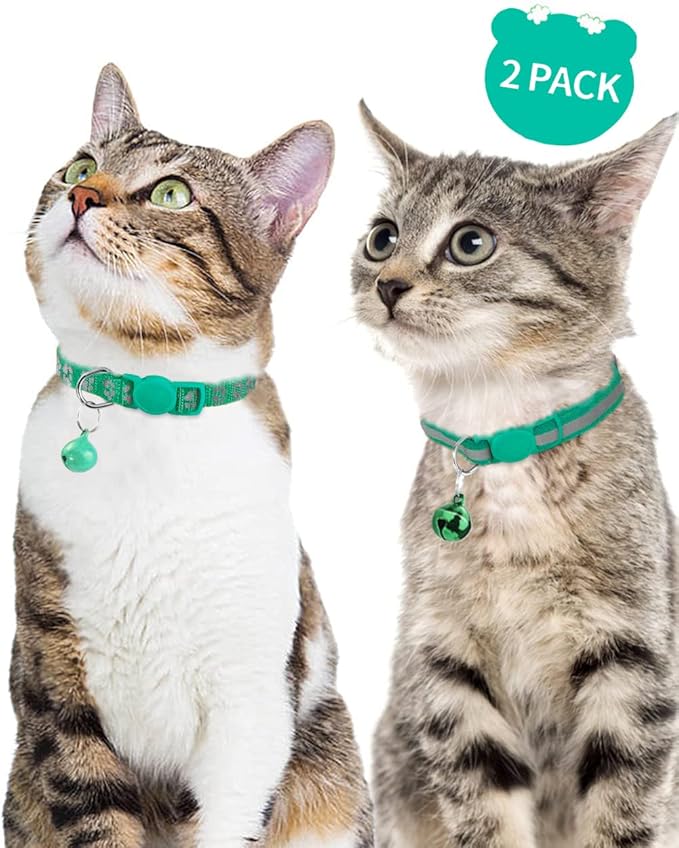 Taglory Reflective Cat Collar Breakaway with Bell, High Visibility Night Strip, Lightweight Adjustable Nylon Collar for Boy Girl Cats, 2 Pack, 7.5-12.5 Inch, Turquoise