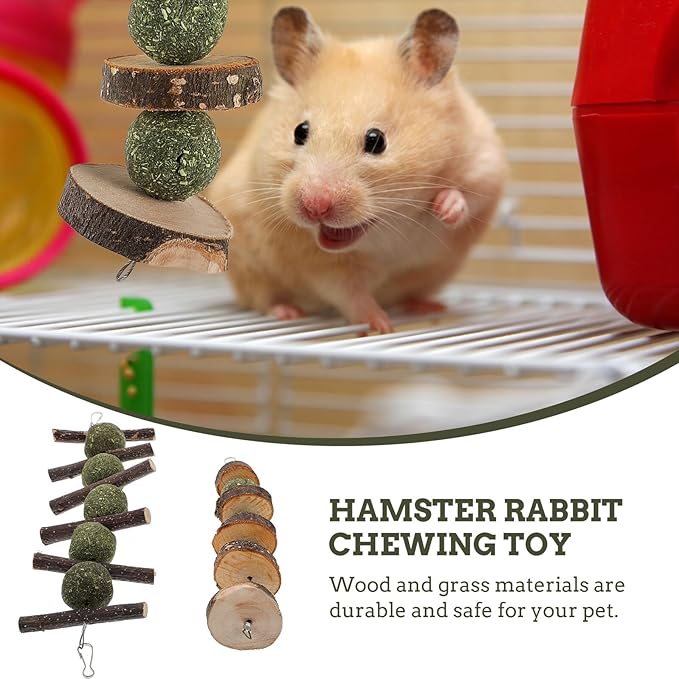 MERRYHAPY 2 Pcs Apple Wood Pet Molar for Rabbits and Hamsters Natural Chewing Sticks with Edible Grass Balls Interactive Small Animal Playthings to Reduce Boredom and Promote Dental Health