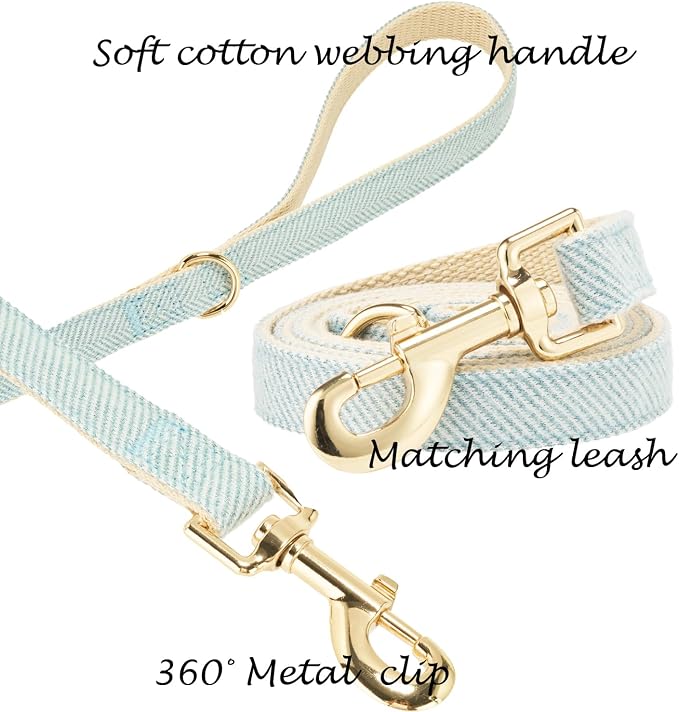 Luxury Soft Cotton Tweed Fabric Dog Collar & Leash Set with Gold Buckle – Durable Fabric, Stylish Design for Everyday Walks(Small LtBlue)