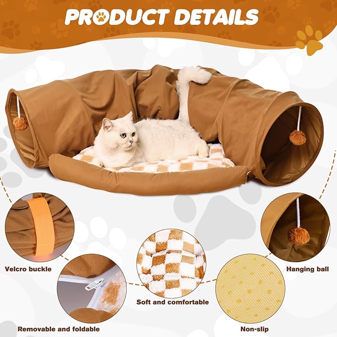 Spardar Bunny Tunnel Bed, 2-in-1 Collapsible Tunnel Tubes Toys, Washable, with Removable Mat Hideout, Interactive Toys for Rabbits Chinchilla Hedgehog Guinea Pigs Kitty, Khaki
