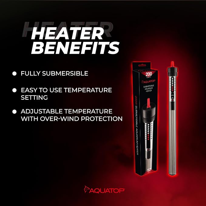 Aquatop 200W Submersible Aquarium Glass Heater – Adjustable Temperature for Tanks Up to 50 Gallons, Freshwater & Saltwater Use, GH-200