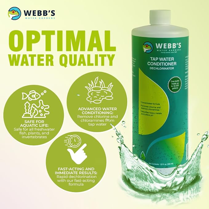 Webb's Water Gardens Essential Tap Water Conditioner Dechlorinator - Ideal for Ponds, Freshwater & Aquariums - Concentrated Formula for Dechlorinated Water - Liquid Supplies for Aquatic Pets - 32oz